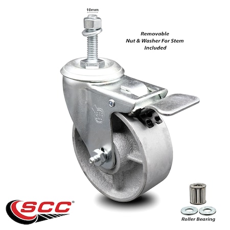 Service Caster Semi Steel Swivel TS Caster w/Roller Bearing-4" Wheel&10MM Stem w/Total Lock BRK SCC-TSTTL20S415-SSR-M1015
